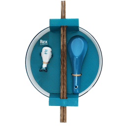 Blue ceramic noodle bowl set with spoon, chopsticks, and fish-shaped rest