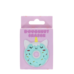 Doughnut-shaped unicorn eraser inside original retail packaging