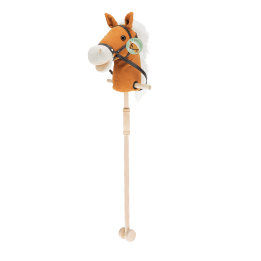 hobby horse toy with white mane and black bridle on a wooden stick
