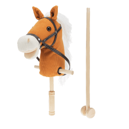 hobby horse toy with white mane and black bridle on a wooden stick