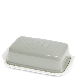 Rectangular butter dish with grey lid embossed with the word 'BUTTER