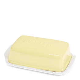 Rectangular butter dish with yellow lid embossed with the word 'BUTTER