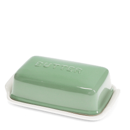 Rectangular butter dish with green lid embossed with the word 'BUTTER'