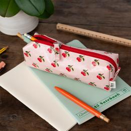 Pencil case in pink featuring colourful illustrations of red cherry print