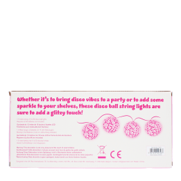 Back of packaging for pink disco ball string lights with product details and safety warnings.