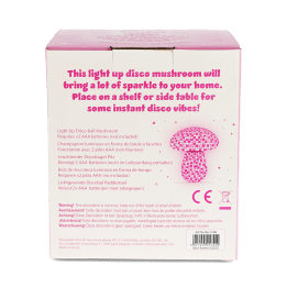 Back of pink disco table lamp packaging with product details and safety warnings.