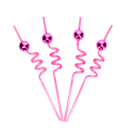 Four pink curly straws each topped with a small pink disco ball decoration.