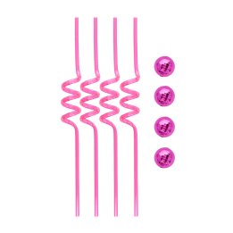 Four pink curly straws with four small pink disco ball decorations.