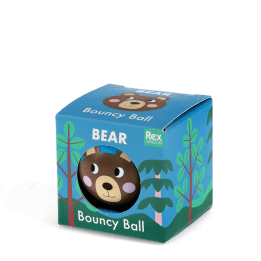 Blue bouncy ball with a bear face design in a packaging