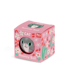 Pink bouncy ball with a cat face design in a packaging