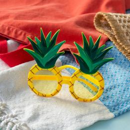 Pineapple-shaped funglasses with yellow textured frames, round yellow lenses, and green leaf accents.