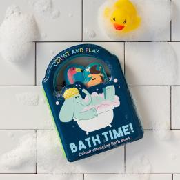Colour changing bath book' featuring an elephant in a bathtub wearing a yellow polka-dotted shower cap