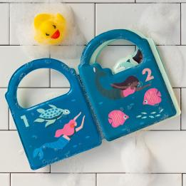 Colour Changing Bath Book' featuring colourful illustrations of mermaids, fish, and underwater scenes