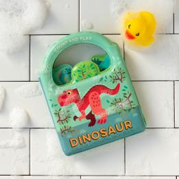 Colour changing bath book featuring colourful illustrations of dinosaur print