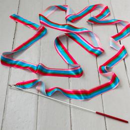gymnastics ribbon with multicoloured stripes and red-handled stick