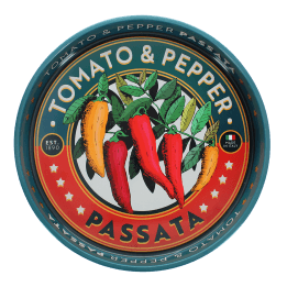 Round metal serving tray with vintage-style tomato and pepper text design and chili illustration