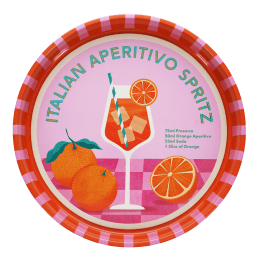 Round metal serving tray with Italian Aperitivo Spritz design featuring cocktail and oranges
