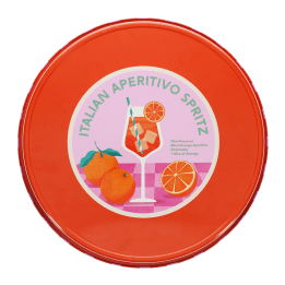 Back of Round metal serving tray with Italian Aperitivo Spritz design featuring cocktail and oranges