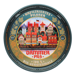 Round metal serving tray with vintage German beer design and colorful town illustration