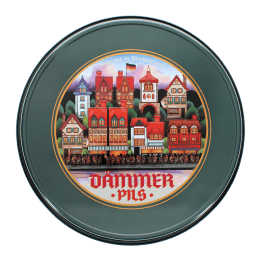 Back of Round metal serving tray with vintage German beer design and colorful town illustration