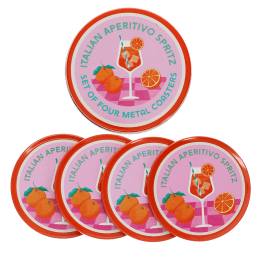 Four round coaster with Italian Aperitivo Spritz design and storage tin