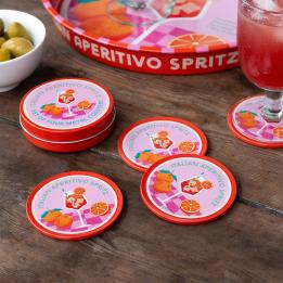 Four round coaster with Italian Aperitivo Spritz design and storage tin