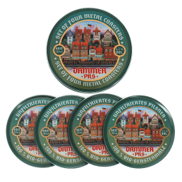 Four round coasters with vintage German beer design and storage tin