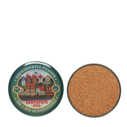 View of front and back of round coaster with vintage German beer design