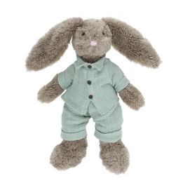 Plush bunny toy with floppy ears, wearing light green shirt and pants