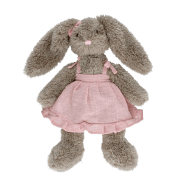 Plush bunny toy with floppy ears, wearing a pink dress