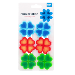 Six bright flower-shaped bag clips in blue, red, and green in packaging 