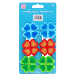 Back of six bright flower-shaped bag clips in blue, red, and green packaging 