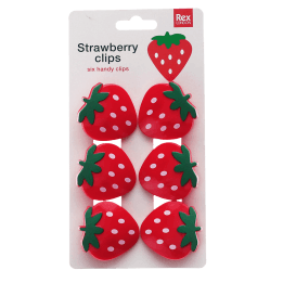 Pack of six strawberry-shaped bag clips in red with green leaves