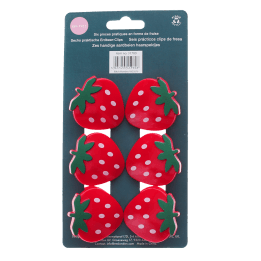 Pack of six strawberry-shaped bag clips in red with green leaves