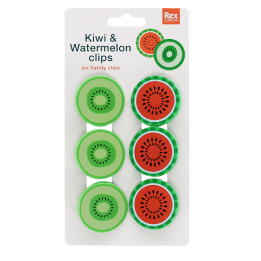 Pack of six round bag clips shaped like kiwi and watermelon slices in green and red