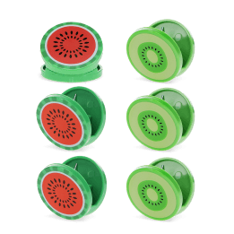 Six round bag clips shaped like kiwi and watermelon slices in green and red