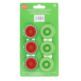 Pack of six round bag clips shaped like kiwi and watermelon slices in green and red