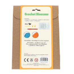 Dinosaur crochet kit back packaging with safety warnings descriptions