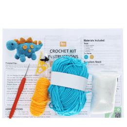 Crochet kit with yarn, crochet hook, stuffing, stitch markers, and instructions 
