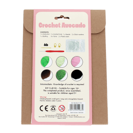 Avocado crochet kit back packaging with safety warnings descriptions