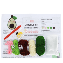 Crochet kit with yarn, crochet hook, stuffing, stitch markers, and instructions 