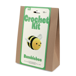 Crochet kit front packaging with bee printed design