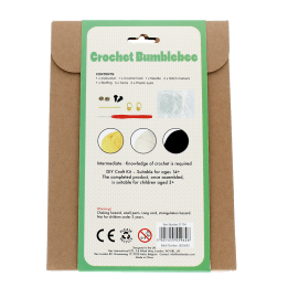 Bee crochet kit back packaging with safety warnings descriptions