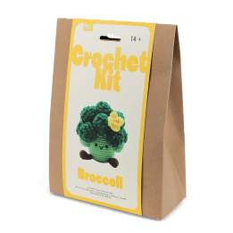 Crochet kit front packaging with broccoli printed design
