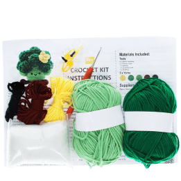 Crochet kit with yarn, crochet hook, stuffing, stitch markers, and instructions 