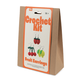Crochet kit packaging front view with printed strawberries, lemons, and cherries
