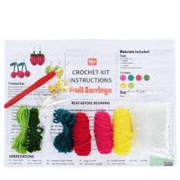 Crochet earring kit with yarns, hook, needle, stuffing, and instructions to make fruit-shaped earrings