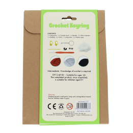 Crochet kit back packaging with safety warnings descriptions