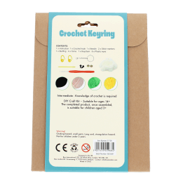 Crochet kit back packaging with safety warnings descriptions