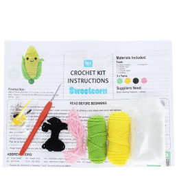 Crochet kit with yarns, hook, needle, stuffing, and instructions to make your own sweetcorn keyring